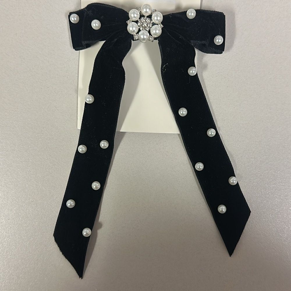 a new day Black White Faux Pearl Rhinestones Velour Bow Tie Hair Barrette
